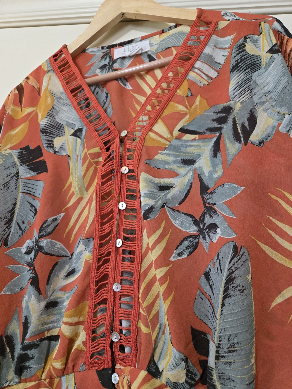 Crochet-Trim Tropical Button-Front Blouse - Rust Floral - Picture 3 of 8